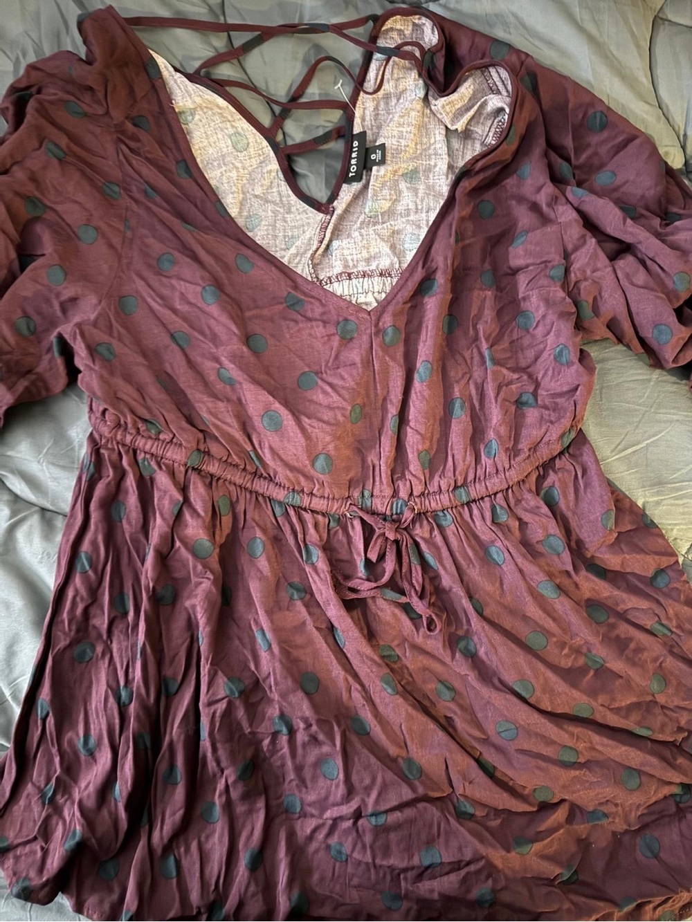 torrid Burgundy Polka Dot V‑Neck Tie Waist Tunic